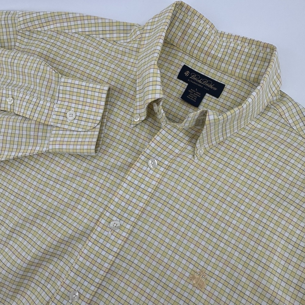 Brooks Brothers Men's Large Gingham Check Button Down Shirt Yellow Long Sleeve